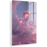 MuchoWow Glasschilderij 40x60 cm - Schilderij acrylglas - Kwallen - Roze - Wolken - Foto op glas - Muurdecoratie woonkamer - Wanddecoratie slaapkamer - Schilderijen