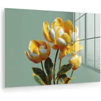 MuchoWow Glasschilderij 120x80 cm - Schilderij acrylglas - Bloemen - Geel - Bladeren - Structuur - Foto op glas - Muurdecoratie woonkamer - Wanddecoratie slaapkamer - Schilderijen