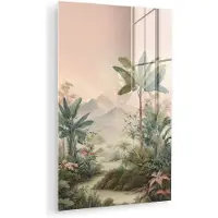 MuchoWow Glasschilderij 20x30 cm - Schilderij acrylglas - Tropisch landschap - palmbomen - Bloemen - Roze lucht - Foto op glas - Muurdecoratie woonkamer - Wanddecoratie slaapkamer - Schilderijen