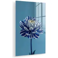 MuchoWow Glasschilderij 40x60 cm - Schilderij acrylglas - Bloem - Blauw - Bloemblaadjes - Streepjes - Foto op glas - Muurdecoratie woonkamer - Wanddecoratie slaapkamer - Schilderijen