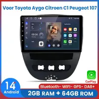 AWESAFE Carplay Autoradio Geschikt Voor Toyota Aygo Citroen C1 PEUGEOT 107 2005-2014 - Android14 - 2GB RAM + 64GB ROM - Draadloos CarPlay & Android Auto - Bluetooth & WiFi - GPS Navigatie