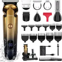Hatteker 7-in-1 Baardtrimmer & Haartrimmer voor Mannen – Elektrisch Scheerapparaat – Draadloos, Waterdicht & Oplaadbaar – Complete Grooming Set – Goud