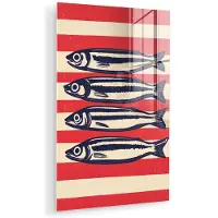 MuchoWow Glasschilderij 80x120 cm - Schilderij acrylglas - Sardines - Rood en beige strepen - Foto op glas - Muurdecoratie woonkamer - Wanddecoratie slaapkamer - Schilderijen