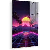 MuchoWow Glasschilderij 40x60 cm - Schilderij acrylglas - Horizon - Palmbomen - Bergen - Geel - Foto op glas - Muurdecoratie woonkamer - Wanddecoratie slaapkamer - Schilderijen