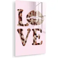 MuchoWow Glasschilderij 20x30 cm - Schilderij acrylglas - Tekst - Love - Pantervacht - Lichtroze - Foto op glas - Muurdecoratie woonkamer - Wanddecoratie slaapkamer - Schilderijen