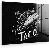 MuchoWow Glasschilderij 40x30 cm - Schilderij acrylglas - Taco - Kruiden - Witte krijtstijl - Tekst - Foto op glas - Muurdecoratie woonkamer - Wanddecoratie slaapkamer - Schilderijen