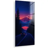 MuchoWow Glasschilderij 60x120 cm - Schilderij acrylglas - Auto - Donkere dennenbomen - Zonsondergang - Foto op glas - Muurdecoratie woonkamer - Wanddecoratie slaapkamer - Schilderijen