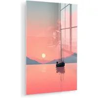 MuchoWow Glasschilderij 60x90 cm - Schilderij acrylglas - Zeilboot - Roze zee - Zonsondergang - Bergen - Foto op glas - Muurdecoratie woonkamer - Wanddecoratie slaapkamer - Schilderijen