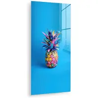 MuchoWow Glasschilderij 60x120 cm - Schilderij acrylglas - Ananas - Blauw - Tropisch - Vrolijk - Foto op glas - Muurdecoratie woonkamer - Wanddecoratie slaapkamer - Schilderijen