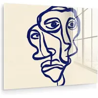 MuchoWow Glasschilderij 120x90 cm - Schilderij acrylglas - Lijntekening - Overlappende gezichten - Donkerblauw - Foto op glas - Muurdecoratie woonkamer - Wanddecoratie slaapkamer - Schilderijen