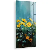 MuchoWow Glasschilderij 40x80 cm - Schilderij acrylglas - Penseelstreken - Bloemen - Felgeel - Abstract - Foto op glas - Muurdecoratie woonkamer - Wanddecoratie slaapkamer - Schilderijen