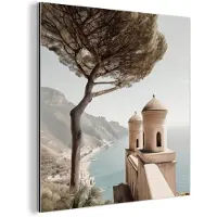 MuchoWow Aluminium schilderij 20x20 cm - Wanddecoratie metaal - Kust - Klif - Boom - Gebouw - Metalen muurdecoratie woonkamer - Decoratie industrieel - Foto op dibond - Industriële accessoires slaapkamer