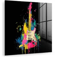 MuchoWow Glasschilderij 50x50 cm - Schilderij acrylglas - Gitaar - Kleurrijk - Verf - Foto op glas - Muurdecoratie woonkamer - Wanddecoratie slaapkamer - Schilderijen