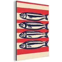 MuchoWow Aluminium schilderij 30x40 cm - Wanddecoratie metaal - Sardines - Rood en beige strepen - Metalen muurdecoratie woonkamer - Decoratie industrieel - Foto op dibond - Industriële accessoires slaapkamer