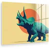 MuchoWow Glasschilderij 40x30 cm - Schilderij acrylglas - Triceratops - Cirkel - Oranje - Hoorns - Foto op glas - Muurdecoratie woonkamer - Wanddecoratie slaapkamer - Schilderijen