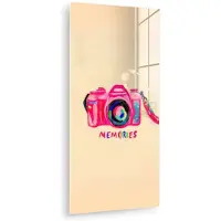 MuchoWow Glasschilderij 40x80 cm - Schilderij acrylglas - Camera - Memories - Roze - Geschilderd - Foto op glas - Muurdecoratie woonkamer - Wanddecoratie slaapkamer - Schilderijen