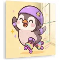 MuchoWow Glasschilderij 90x90 cm - Schilderij acrylglas - Pinguïn - Rolschaatsen - Geel - Energiek - Foto op glas - Muurdecoratie woonkamer - Wanddecoratie slaapkamer - Schilderijen