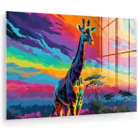 MuchoWow Glasschilderij 60x40 cm - Schilderij acrylglas - Giraffe - Savanna - Lucht - Gekleurd - Foto op glas - Muurdecoratie woonkamer - Wanddecoratie slaapkamer - Schilderijen