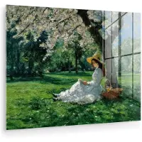 MuchoWow Glasschilderij 120x90 cm - Schilderij acrylglas - Vrouw - Boom - Boek - Mandje - Foto op glas - Muurdecoratie woonkamer - Wanddecoratie slaapkamer - Schilderijen