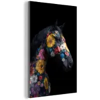MuchoWow Aluminium schilderij 20x30 cm - Wanddecoratie metaal - Paard - Bloemen - Zwart - Metalen muurdecoratie woonkamer - Decoratie industrieel - Foto op dibond - Industriële accessoires slaapkamer