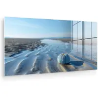MuchoWow Glasschilderij 40x20 cm - Schilderij acrylglas - Strand - Schild - Water - Blauw - Foto op glas - Muurdecoratie woonkamer - Wanddecoratie slaapkamer - Schilderijen