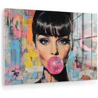 MuchoWow Glasschilderij 30x20 cm - Schilderij acrylglas - Kauwgom - Vrouw - Penseelstreken - Modern - Foto op glas - Muurdecoratie woonkamer - Wanddecoratie slaapkamer - Schilderijen