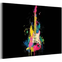 MuchoWow Aluminium schilderij 150x100 cm - Wanddecoratie metaal - Gitaar - Kleurrijk - Verf - Metalen muurdecoratie woonkamer - Decoratie industrieel - Foto op dibond - Industriële accessoires slaapkamer