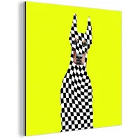 MuchoWow Aluminium schilderij 90x90 cm - Wanddecoratie metaal - Dobermann - Geblokt - Geel - Metalen muurdecoratie woonkamer - Decoratie industrieel - Foto op dibond - Industriële accessoires slaapkamer