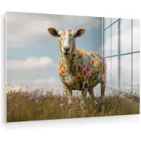 MuchoWow Glasschilderij 30x20 cm - Schilderij acrylglas - Schaap - Bloemen - Weide - Foto op glas - Muurdecoratie woonkamer - Wanddecoratie slaapkamer - Schilderijen