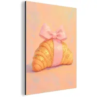 MuchoWow Aluminium schilderij 90x120 cm - Wanddecoratie metaal - Croissant - Strik - Roze - Metalen muurdecoratie woonkamer - Decoratie industrieel - Foto op dibond - Industriële accessoires slaapkamer