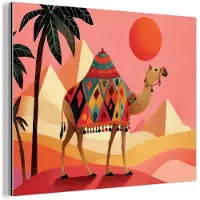 MuchoWow Aluminium schilderij 40x30 cm - Wanddecoratie metaal - Kameel - Pyramides - Rode zon - Metalen muurdecoratie woonkamer - Decoratie industrieel - Foto op dibond - Industriële accessoires slaapkamer