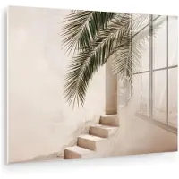 MuchoWow Glasschilderij 80x60 cm - Schilderij acrylglas - Palmboom - Schaduw - Trap - Beige - Foto op glas - Muurdecoratie woonkamer - Wanddecoratie slaapkamer - Schilderijen