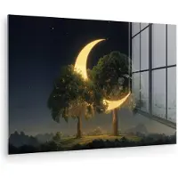 MuchoWow Glasschilderij 60x40 cm - Schilderij acrylglas - Maan - Bomen - Rust - Foto op glas - Muurdecoratie woonkamer - Wanddecoratie slaapkamer - Schilderijen