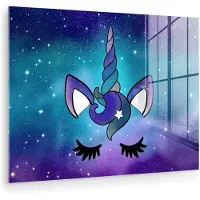 MuchoWow Glasschilderij 120x90 cm - Schilderij acrylglas - Eenhoorn - Sterrenhemel - Ster - Blauw - Foto op glas - Muurdecoratie woonkamer - Wanddecoratie slaapkamer - Schilderijen