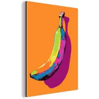 MuchoWow Aluminium schilderij 30x40 cm - Wanddecoratie metaal - Felle kleuren - Banaan - popart - Metalen muurdecoratie woonkamer - Decoratie industrieel - Foto op dibond - Industriële accessoires slaapkamer