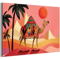MuchoWow Aluminium schilderij 30x20 cm - Wanddecoratie metaal - Kameel - Pyramides - Rode zon - Metalen muurdecoratie woonkamer - Decoratie industrieel - Foto op dibond - Industriële accessoires slaapkamer