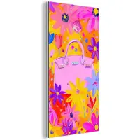 MuchoWow Aluminium schilderij 80x160 cm - Wanddecoratie metaal - Tas - Roze - Bloemen - Metalen muurdecoratie woonkamer - Decoratie industrieel - Foto op dibond - Industriële accessoires slaapkamer