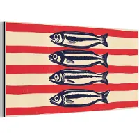 MuchoWow Aluminium schilderij 120x60 cm - Wanddecoratie metaal - Sardines - Rood en beige strepen - Metalen muurdecoratie woonkamer - Decoratie industrieel - Foto op dibond - Industriële accessoires slaapkamer