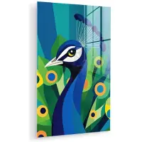 MuchoWow Glasschilderij 40x60 cm - Schilderij acrylglas - Pauw - Cirkels - Blauw - Foto op glas - Muurdecoratie woonkamer - Wanddecoratie slaapkamer - Schilderijen