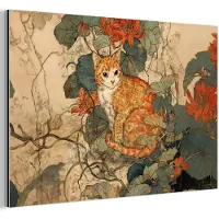 MuchoWow Aluminium schilderij 150x100 cm - Wanddecoratie metaal - Kat - Sierlijk - Bloemen - Metalen muurdecoratie woonkamer - Decoratie industrieel - Foto op dibond - Industriële accessoires slaapkamer