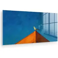 MuchoWow Glasschilderij 80x40 cm - Schilderij acrylglas - Meeuw - Gebouw - Lucht - Geschilderd - Foto op glas - Muurdecoratie woonkamer - Wanddecoratie slaapkamer - Schilderijen