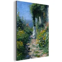 MuchoWow Aluminium schilderij 90x120 cm - Wanddecoratie metaal - Kat - Vrouw - Bloemen - Huis - Metalen muurdecoratie woonkamer - Decoratie industrieel - Foto op dibond - Industriële accessoires slaapkamer