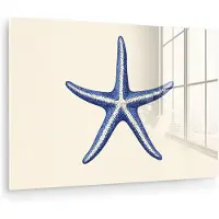 MuchoWow Glasschilderij 60x40 cm - Schilderij acrylglas - Blauwe zeester - Minimalistisch - Beige - Foto op glas - Muurdecoratie woonkamer - Wanddecoratie slaapkamer - Schilderijen