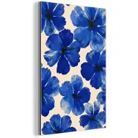MuchoWow Aluminium schilderij 100x150 cm - Wanddecoratie metaal - Bloemen - Blauw -Patroon - Wit - Metalen muurdecoratie woonkamer - Decoratie industrieel - Foto op dibond - Industriële accessoires slaapkamer