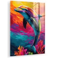MuchoWow Glasschilderij 30x40 cm - Schilderij acrylglas - Dolfijn - Kleurrijk - Oceaan - Koraal - Foto op glas - Muurdecoratie woonkamer - Wanddecoratie slaapkamer - Schilderijen