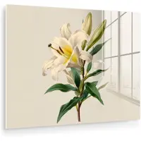 MuchoWow Glasschilderij 80x60 cm - Schilderij acrylglas - Lelie - Elegant - Botanisch - Beige - Foto op glas - Muurdecoratie woonkamer - Wanddecoratie slaapkamer - Schilderijen