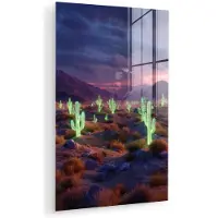 MuchoWow Glasschilderij 20x30 cm - Schilderij acrylglas - Neon cactussen - Woestijn - Zonsondergang - Foto op glas - Muurdecoratie woonkamer - Wanddecoratie slaapkamer - Schilderijen
