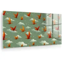 MuchoWow Glasschilderij 160x80 cm - Schilderij acrylglas - Dinosaurussen - Wolken - Sterren - Oranje - Foto op glas - Muurdecoratie woonkamer - Wanddecoratie slaapkamer - Schilderijen