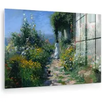 MuchoWow Glasschilderij 90x60 cm - Schilderij acrylglas - Kat - Vrouw - Bloemen - Huis - Foto op glas - Muurdecoratie woonkamer - Wanddecoratie slaapkamer - Schilderijen