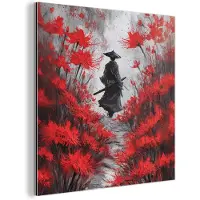 MuchoWow Aluminium schilderij 50x50 cm - Wanddecoratie metaal - Rode bloemen - mistig - Man - Metalen muurdecoratie woonkamer - Decoratie industrieel - Foto op dibond - Industriële accessoires slaapkamer